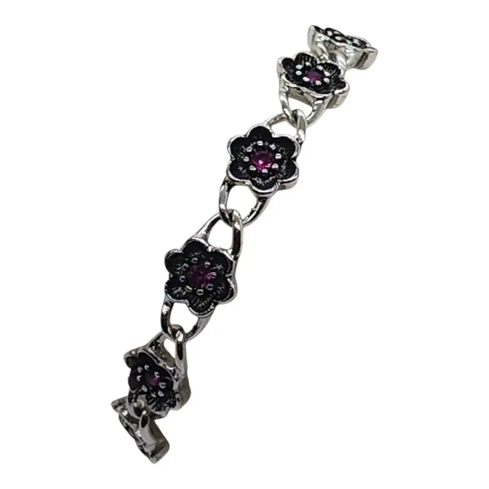 Vintage Avon Floral Link Bracelet Silver Tone Purple Rhinestone Flower 7.5